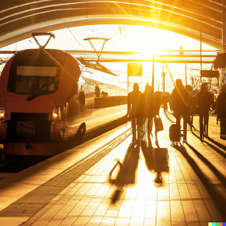 Railway station in the sunset with passengers disembarking a high-speed train