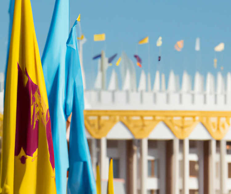 Image showing flags of Central Asian Countries with elaborate white and gold building in the background