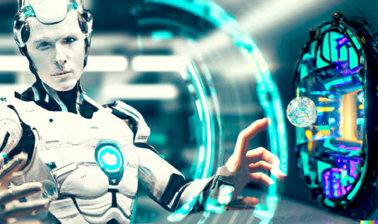 Futuristic AI cyborg in a bright factory